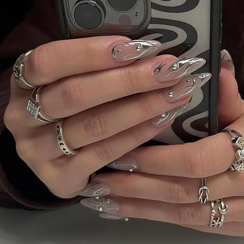 24pcs Almond False Nails - Press on Nails - 3D Three-Dimensional Water Ripple Stick On Nails - 12 Sizes Medium Length Glue on nails - Elegant White Tips Design Acrylic Fake Nail