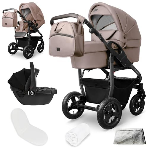 Bergsteiger Capri Kombikinderwagen 3-in-1 – Babywanne, Sportsitz & i-Size Babyschale, Luftreifen, Federung, höhenverstellbarer Griff, faltbar, Zubehör