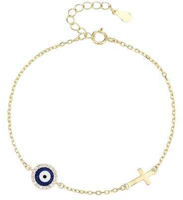 MYSTIC JEWELS Armband aus 925er-Sterlingsilber Vergoldet mit Kreuz und Türkischem Auge Minimalistisches Design mit Zirkonia Verstellbar 16 + 3 cm