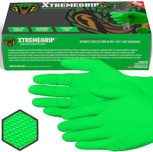 Xtremeauto Nitrile Gloves - Disposable Gloves, Diamond Grip Green - Powder-free & Latex Free Nitrile, Extra Thick & Strong Rubber (1 Box, XL)