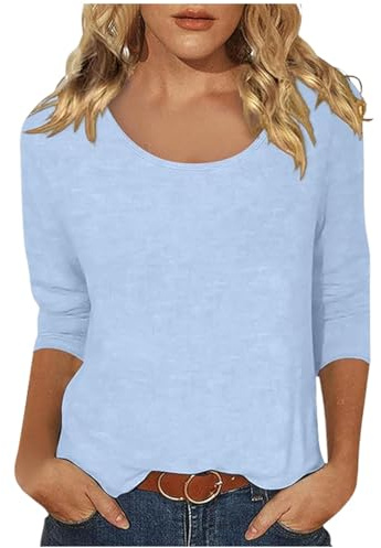 Womens Casual 3/4 Sleeve Scoop Neck Tee Shirts Solid Color Basic Top Long Sleeve Blouses Dressy Casual Loose Fit Comfy Going Out T-Shirts(Light Blue,L)