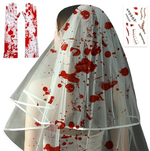 AMSNINK 14 Stück Horror Braut Kostüm Set Accessoires, Blutiger Schleier Braut, Corpse Bride Kostüm Handschuhen,Gesicht Tattoos,Tattoo-Aufkleber, Geeignet Für Halloween, Rollenspielparty Oder Mehr