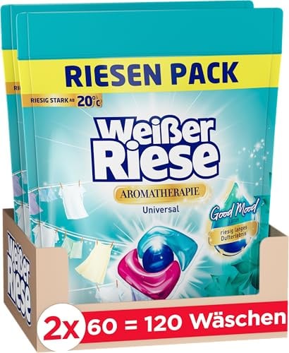 Weißer Riese Trio-Caps Universal Waschmittel (120WL), Aromatherapie Lotus | Riesig langes Good Mood Dufterlebnis in entspannter Stress-Frei Großpackung, strahlend saubere Wäsche, Waschmaschinen Tabs