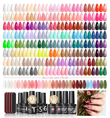 PEACECOLOR 100Pcs Gel Nail Polish Set - 95 Colors All Seasons Gel Polish with Base Coat 4 Effects Glossy Matte & Glitter Top Coat Nail Polish Set Gifts for Women Girls Salon at Home