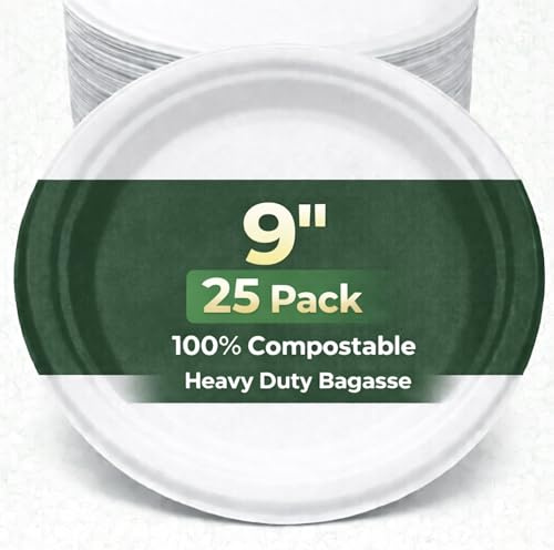 Ruiyang 25 Pack Extra Strong White Disposable Bagasse Plates, 9 Inch – 100% Compostable & Biodegradable Sugarcane Fibre Plates, Heavy-Duty Eco-Friendly for BBQ, Wedding, Office, Picnics & Parties