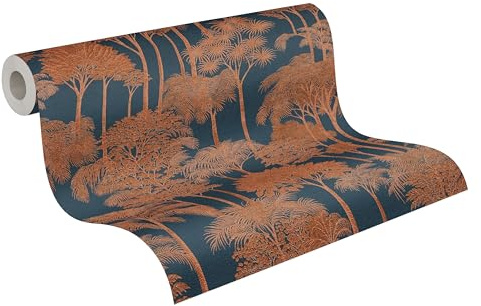 A.S. Création Palmenblatt-Vliestapete – Blau, Braun – 10,05 x 0,53 m | Florales Palmenblatt-Motivals Akzent – schimmernde Motivtapete im Metallic-Look, einfach zu verkleben & spurlos abziehbar