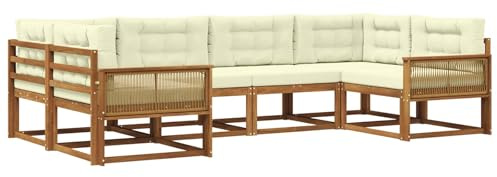 vidaXL Outdoor-Sofagarnitur mit Kissen 6 pcs Natur und Creme, Akazienholz Lounge Set für draußen, modernes Gartenmöbel, wetterfest und stylisch für deinen Garten