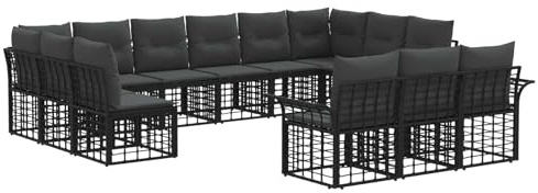 vidaXL Outdoor-Sofagarnitur 13 pcs Schwarz und Dunkelgrau Polyester, Verstellbare Fußpolster, wetterfest, modulares Design, Lounge-Sofa für Garten, entspannende Sitze