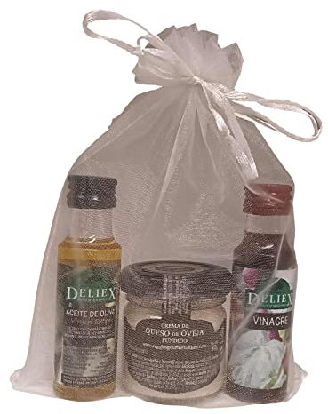 Detallito gourmet para regalar, con aceite de oliva, vinagre, crema de queso oveja y vaca y bolsa de organza