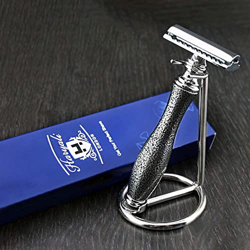 Haryali London, Double Edge Safety Razor with Stand, Antique Silver Safety Razor with Stainless Steel Stand, Traditional Ergonomic Handle Wet Shaving Tool for Precision Beard Grooming & Daily Use
