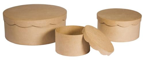 Rayher 67259000 Pappm. Boxen Set,FSC Recycled 100%, ø23,8 x 9 cm/ø16,8 x 8 cm/ø10 x 7cm, Set 3 Stück, Braun