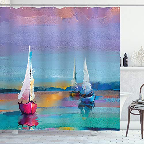 ABAKUHAUS Abstract Oil Painting Shower Curtain, Modern Art with Boat Sail on the Sea Illustration of Nautical Motifs, Cloth Fabric Bathroom Decor Set with Hooks, 78 Inches, Multicolor