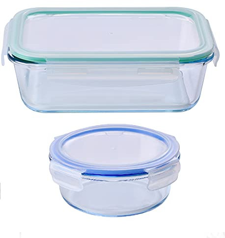 UNITED COLORS OF BENETTON. Recipientes herméticos para Transporte de Alimentos, de 1.5 litros y de 620 ml, Borosilicato, Azul, 1 Rectangular + 1 Circular