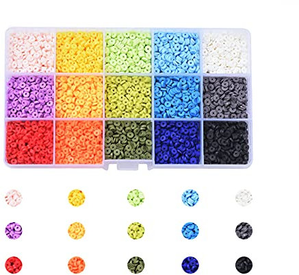 BEEFLYING 15 Couleurs de Perles Heishi 4mm Perles Plates et Rondes Perles de Disque en Argile polymère Kit de Perles pour la Fabrication de Bijoux Colliers et Bracelets.