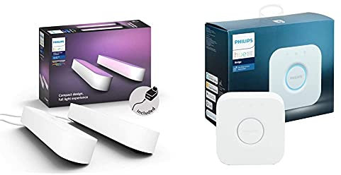 Philips Hue Play White & Colour Ambiance Smart Light Bar Double Pack Base Unit [White] + Hue Bridge, Sync with Gaming, Entertainment and Music, Works with Alexa, and Voice Control.