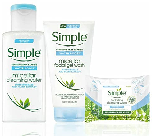 Brand Simple Simple Water Boost Bundle, Set includes Simple Micellar Water 200ml, Simple Gel Face Wash 150 ml and Simple Cleansing Wipes 20pc