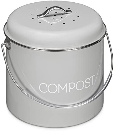 Navaris Cubo de metal para compost - Contenedor de basura orgánica con tapa y 3x filtro de 21,5 x 23,2 cm - Compostera vintage para la cocina de 5 l