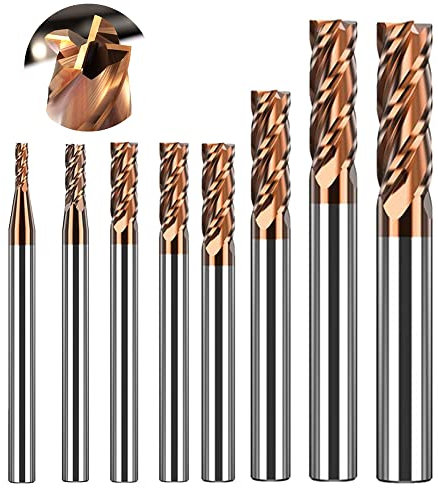 Asnomy Set di 8 frese a codolo VHM, 4 frese a flauto in metallo duro, con diametro da 2-12 mm e rivestimento AlTiN 55 HRC, frese CNC per metallo
