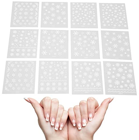 12 Blatt Nail Art Sticker Weihnachten Selbstklebende Schneeflocke mit Neujahrsthema Maniküre Aufkleber Zubehör für Frauen Mädchen, Ideal für Nagellack, UV-Gel