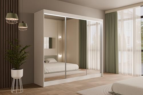 ALTDECOR Kleiderschrank mit Spiegel und Schiebetüren, kugelgelagerte Führungsschienen und Aluminium-Leisten, LED-Beleuchtung (weiß + 16 Farben) und Fernbedienung - AMOHA - 250 cm Weiß