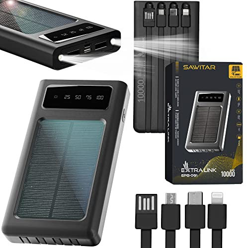 Power Bank Solar 10000mAh,Panneau Solaire 1W, Chargeur Solaire 4 câbles pour différents Types de Prises, USB-C Micro-USB, Lampe LED, Batterie Lithium-polymère, Batterie Externe Solaire