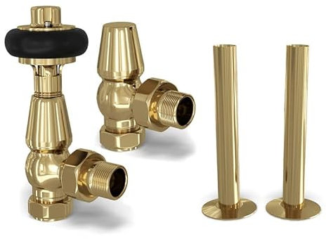 UK Radiators Polished Brass Thermostatic Radiator Valves and Angled Lockshield Valve - Polished Brass Finish - Traditional Design 1/2 x 15mm Wooden Head Radiator Valves with 130mm Pipe Sleeves