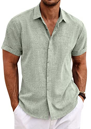 COOFANDY Men's Casual Shirts Button Up Shirt Linen Summer Beach Outfit Yoga Tee Light Green Large