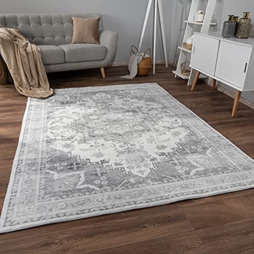 Paco Home Teppich Wohnzimmer Schlafzimmer Kurzflor rutschfest Weich Vintage Orientalisch Mandala Modern Bordüre Ornament, Grösse:200x280 cm, Farbe:Grau 3