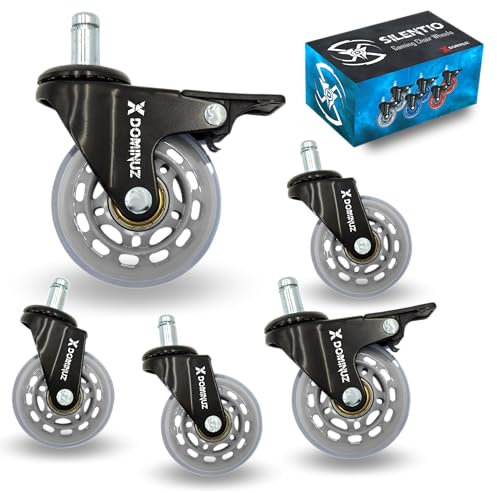 XDominuz Silentio - Lot de 5 roulettes Silencieuses pour Fauteuil de Gaming - 2 avec Frein et 3 Libres - pour Parquet et Surfaces Délicates - Ultra-Silencieux - Gris
