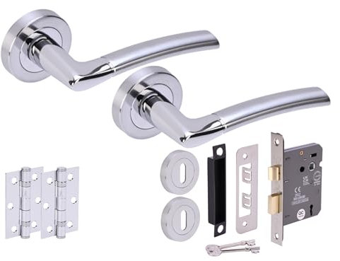 HANDLEZONE® Neemo Door Handles on Rose 3 Lever Lock Pack with Ball Bearing Hinges - Dual Finish Polished/Satin Chrome