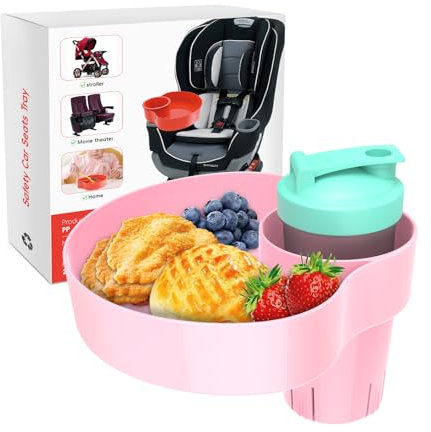OMYPOTT Kids Car Seat Tray, Travel Trays for Kids with Car Cup Holder, Toddlers Road Trip Essential, Travel Snacks Food Plate for Stroller, Boosters, and Anywhere with a Cup Holder Tray-Pink