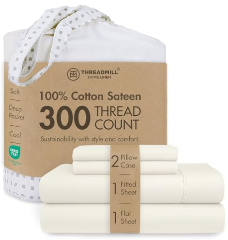 Threadmill Bettlaken-Set aus Baumwolle, 100 % Baumwolle für großes Bett, massives Satin, komplettes Bettwäsche-Set mit 40,6 cm elastischer, tiefer Tasche, weich, atmungsaktiv, 4-teilig, kühlendes