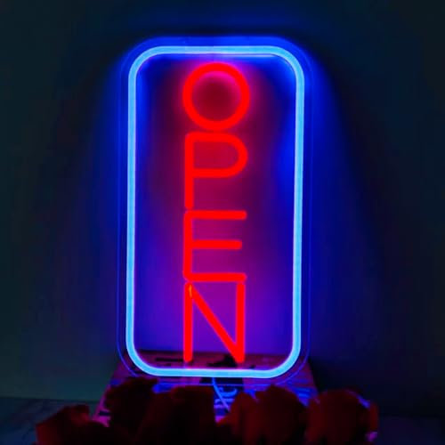 Offene Leuchtreklamen Unternehmen Offenes Schild LED Neonlicht für Tür Café Dessert Ladens beleuchtetes Buchladen offenes Schild USB betrieben mit dimmbaren Schaltern, 41,9 x 22,9 cm, Blau + Rot
