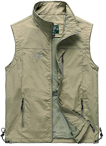 Vanchenl Herren Casual Utility Reisen Angeln Weste Outdoor Arbeit Leichtgewicht Safari Foto Multi Taschen Westen Khaki M