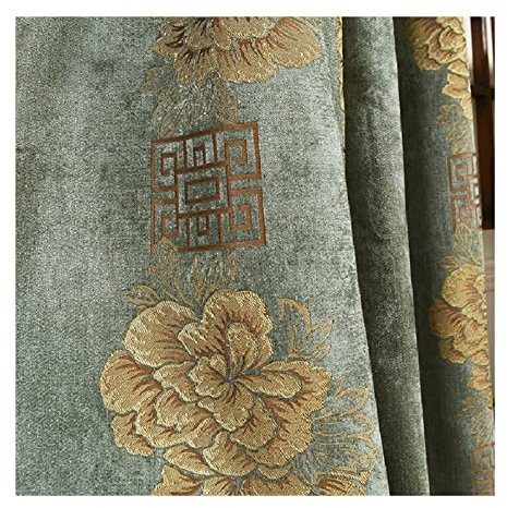 HASMI Vorhänge Luxury European Chinese Light Green Jacquard Chenille High Shading Curtains for Living Room Bedroom Customized Whole Set Gardinen (Color : Curtain, Size : W300cmxH250cm)