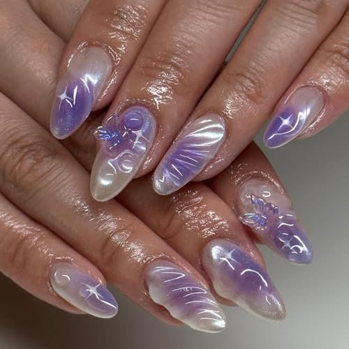 24pcs Short Almond 3D Butterfly Press on Nails - Purple Ombre Fake Nails Glue on Nails Star Removable Women Girls Nail Art Accessories