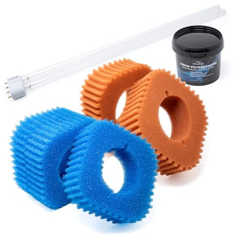 VIALIA Wartungspaket für Oase FiltoClear 12000, Ersatzteil Set, 3X Blaue und 2X rote Filterschwämme, Filterstarter, 18W UVC-Lampe gegen Keime und Algen
