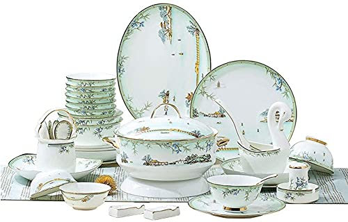 Dinner Set, 36PCS Dinner Set Household Simple Ceramic Dinnerware Set with Chopsticks Plate Bowl Tableware, Service for 8 People Kitchenware (Jade)
