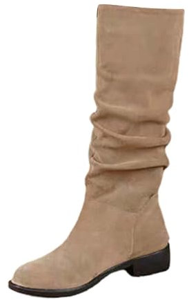 Stivali da donna a metà polpaccio alti da donna moda tinta unita stivali lunghi PU rughe stivali tacco basso tacco grosso stivali coscia camoscio stivali, Marrone, 40 EU