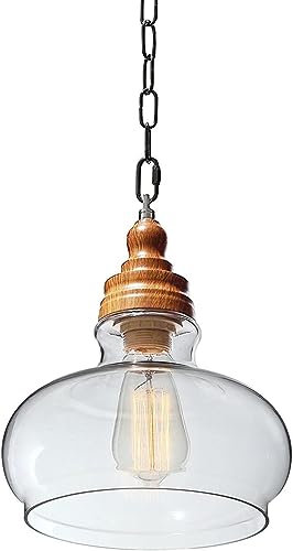 Lampe suspendue ronde en verre avec chaîne, décoration en bois, lampe suspendue au plafond de ferme rustique, cône en verre transparent, éclairage industriel, grand lustre antique compatible avec