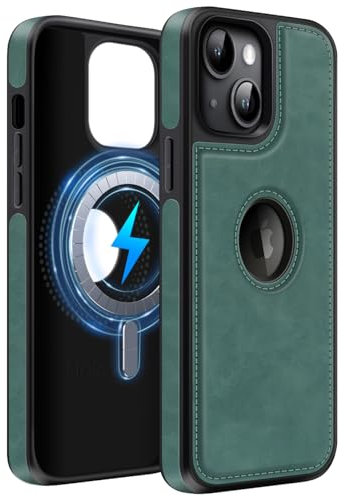 MOBESV Lederhülle mit Logo-Ansicht für iPhone 15 6,1 Zoll, Magnetisch Handyhülle kompatibel mit MagSafe, Dünn Klassische Elegant Hülle, Grün