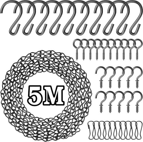 joonnair 5M DIY Metallkette zum Aufhängen mit 10 Augenschrauben 10 Fragezeichen Haken und 20 Haken, Kette zum aufhäng Blumenampel Ketten Hängende Kette für Blumenkorb Pflanzgefäße Pflanzenkörbe Ketten