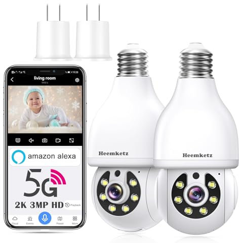 Heemketz Security Camera with Bulb - 2K/3MP HD, 360° Motion Tracking, Color Night Vision, Compatible with Alexa, Wireless WiFi Security Camera with Two-Way Audio
