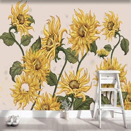 Tzxztt Yellow Sunflower Modern 3D Wallpaper Embossed Silk Neutral Tones Material Ideal for Living Room Bedroom-430cm×300cm
