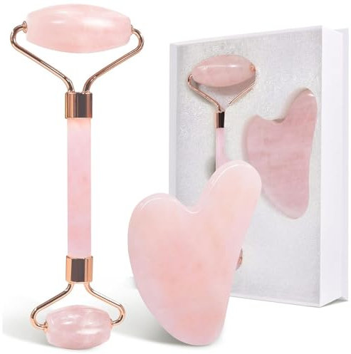 Jade Roller and Gua Sha Set, Rose Quartz Roller with Guasha Stone, Face Roller for Women, Massage Tool for Face, Neck and Body Muscle Relaxing, Pink