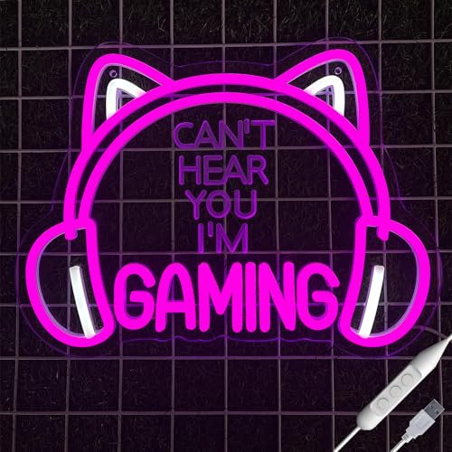 Pinkes Katzenohr-Gaming-Neonschild – LED-Kopfhörer-Licht für Mädchenzimmer, Streamer-Setup, USB-betrieben, dimmbar, Kawaii-Dekor, Geschenke für weibliche Gamer, Valentinstag (40,6 x 30,5 cm) (CAN'T