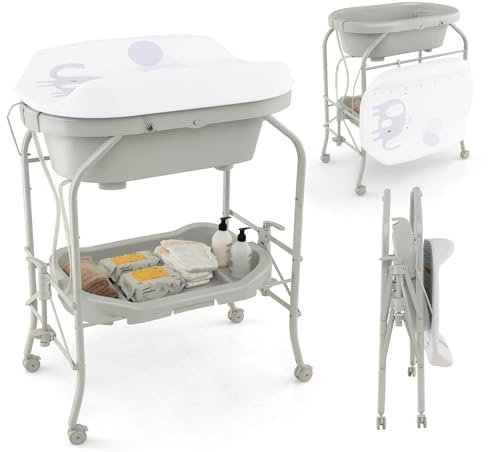 DREAMADE Baignoire Bebe avec Support Pliable,Baignoire Bébé sur Pied avec Table à Langer,4 Roues Universelles Verrouillables,Charge 35 KG (Gris Clair)