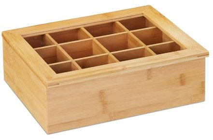 Xpieoyrm Scatola Porta tè e Tisane 12 Scomparti 28 x 22.5 x 9 cm, Scatola Porta Bustine Tè Tisane in bambù Naturale, con 12 scomparti e finestra a vista, contenitore per bustine da tè