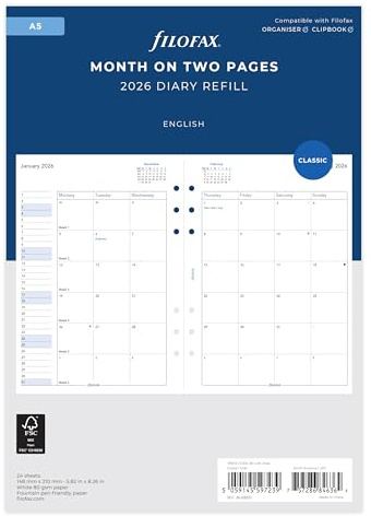 Filofax A5 Monat auf zwei Seiten Englisch 2026 Terminplaner 26-68510