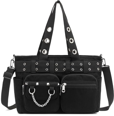 Ecohaso Tote Bag for Women, Corduroy Gothic Purse Goth Bag with Zipper for College, Work, Travel, Gym
